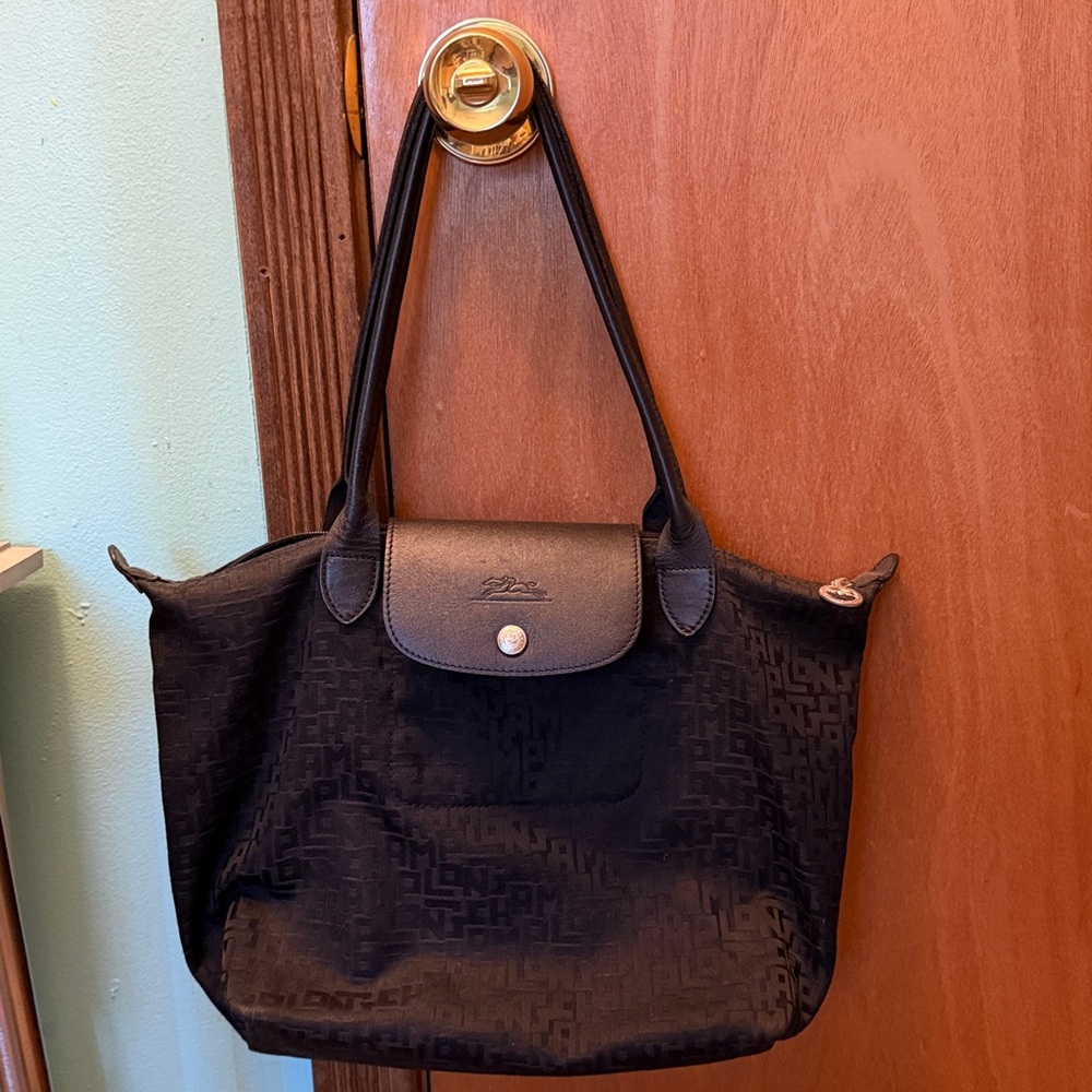 Black long champ Tote Bag with Embossed Design
